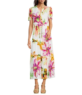 Alex Marie Maura Floral Short Sleeve A Line Notch Collar Maxi Dress