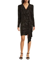 Alex Marie Milly Glitter Knit Surplice V-Neck Long Blouson Sleeve Wrap Bodycon Mini Dress