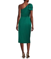 Alex Marie Molly Satin Asymmetrical One Bow Shoulder Sleeveless Faux Wrap Split Hem Sheath Midi Dress