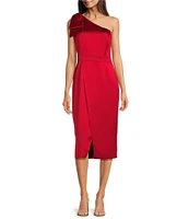 Alex Marie Molly Satin Asymmetrical One Bow Shoulder Sleeveless Faux Wrap Split Hem Sheath Midi Dress