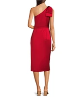 Alex Marie Molly Satin Asymmetrical One Bow Shoulder Sleeveless Faux Wrap Split Hem Sheath Midi Dress