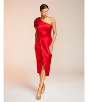 Alex Marie Molly Satin Asymmetrical One Bow Shoulder Sleeveless Faux Wrap Split Hem Sheath Midi Dress