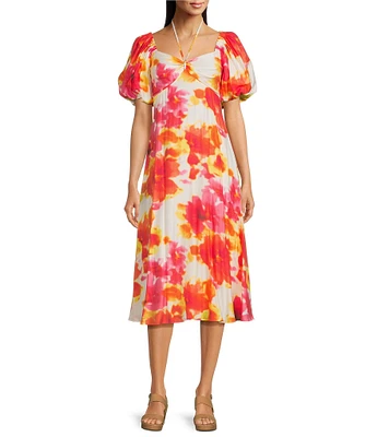 Alex Marie Monroe Abstract Floral Short Puff Sleeve Sweetheart Halter Tie Neck A-Line Midi Dress