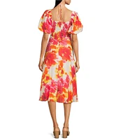 Alex Marie Monroe Abstract Floral Short Puff Sleeve Sweetheart Halter Tie Neck A-Line Midi Dress