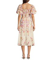 Alex Marie Monroe Floral Short Puff Sleeve Sweetheart Halter Tie Neck A-Line Midi Dress