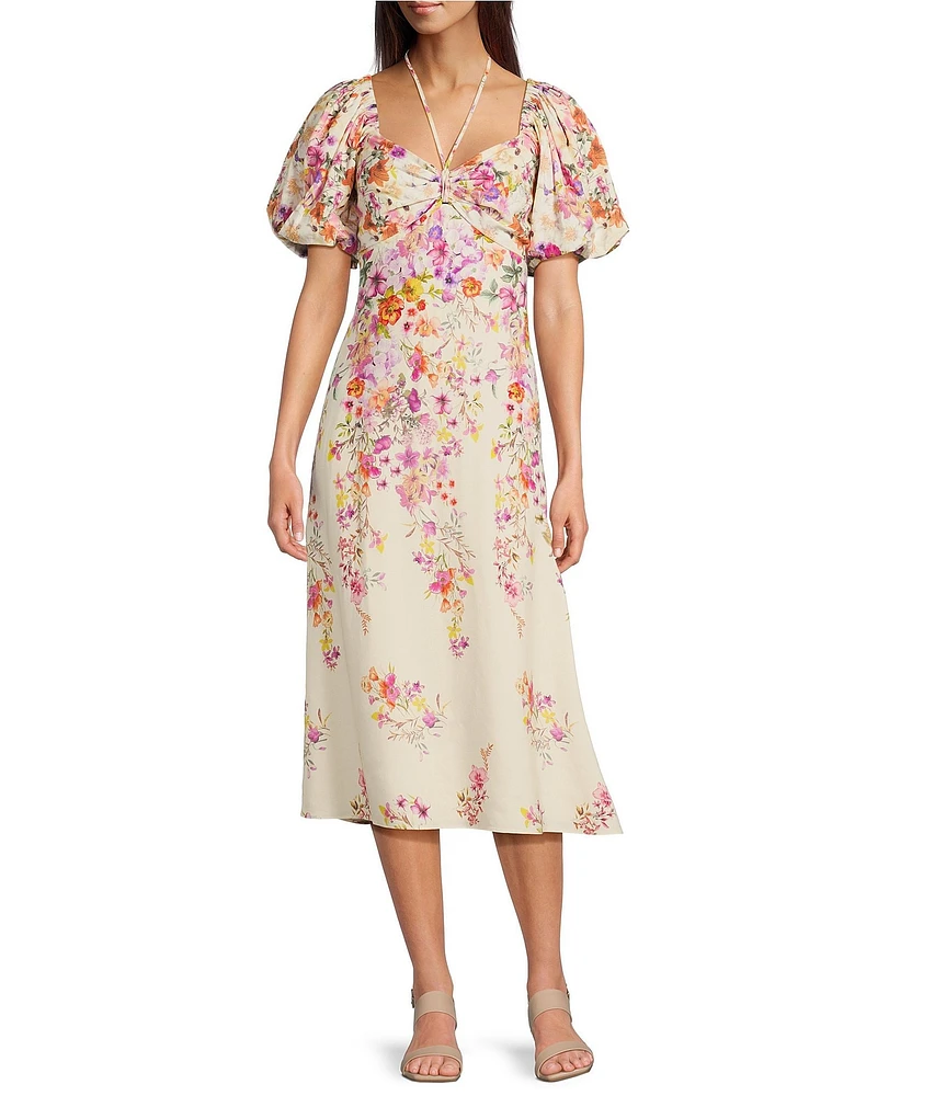 Alex Marie Monroe Floral Short Puff Sleeve Sweetheart Halter Tie Neck A-Line Midi Dress