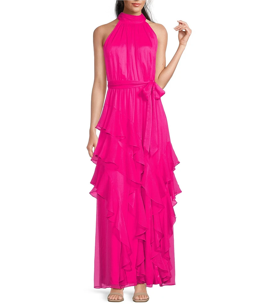 Alex Marie Nina Chiffon Halter Sleeveless Tiered A-Line Dress