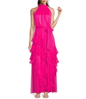 Alex Marie Nina Chiffon Halter Sleeveless Tiered A-Line Dress