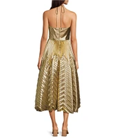 Alex Marie Olympia Woven Metallic Halter Sweetheart Neck Sleeveless Ruched Fit and Flare Flounce Midi Dress