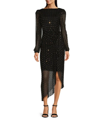 Alex Marie Petite Size Belle Beaded Mesh High Boat Neck Puff Shoulder Long Sleeve Ruched Waist Asymmetrical Flounce Midi Dress