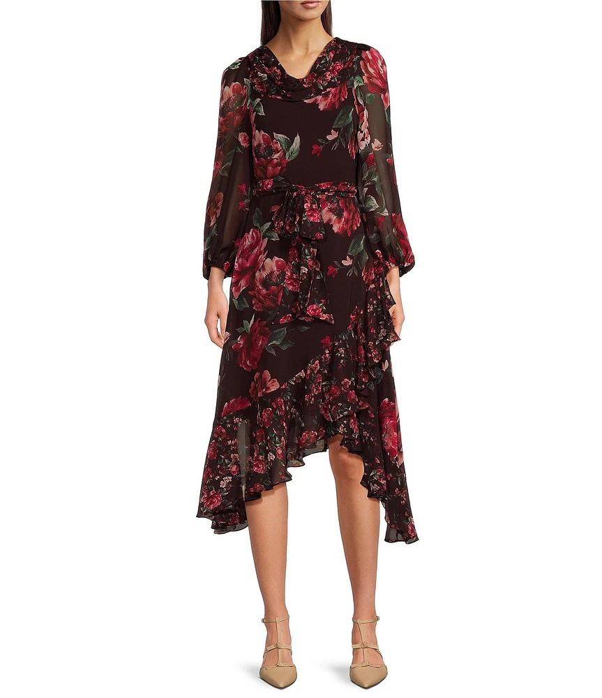 Alex Marie Petite Size Birdie Chiffon Floral Print Ruch Cowl Neck Long Sleeve Tie Waist Ruffled Asymmetric Midi Flare Dress