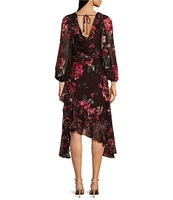 Alex Marie Petite Size Birdie Chiffon Floral Print Ruch Cowl Neck Long Sleeve Tie Waist Ruffled Asymmetric Midi Flare Dress