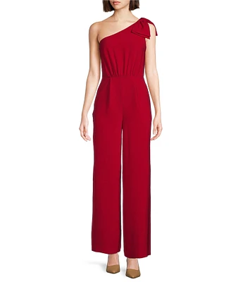 Alex Marie Petite Size Carlysle Crepe Asymmetrical Neck One Shoulder Bow Sleeveless Pleated Wide Leg Jumpsuit