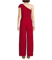 Alex Marie Petite Size Carlysle Crepe Asymmetrical Neck One Shoulder Bow Sleeveless Pleated Wide Leg Jumpsuit