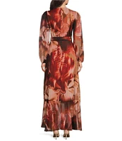 Alex Marie Petite Size Diana Chiffon Floral Print V-Neck Long Blouson Sleeve Tie Waist Hi-Low Flounce Wrap Maxi Dress