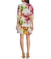 Alex Marie Petite Size Elaina Floral Short Sleeve A line Notch Collar Dress