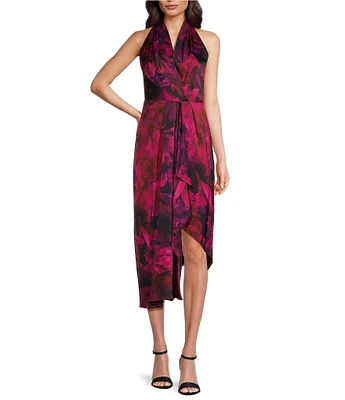 Alex Marie Petite Size Hazel Floral Halter Neck Sleeveless Draped Asymmetrical Hem Satin Dress