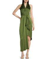 Alex Marie Petite Size Hazel Halter Neck Sleeveless Draped Asymmetrical Hem Satin Dress