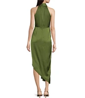 Alex Marie Petite Size Hazel Halter Neck Sleeveless Draped Asymmetrical Hem Satin Dress