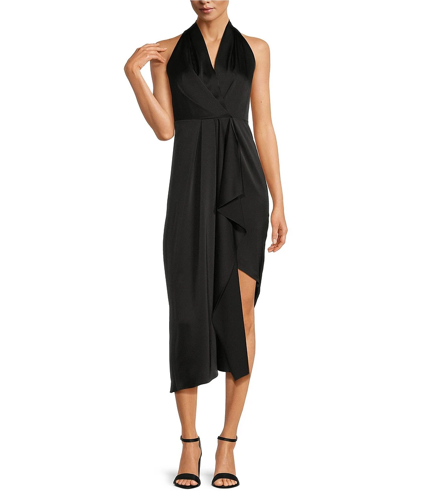 Alex Marie Petite Size Hazel Halter Neck Sleeveless Draped Asymmetrical Hem Satin Dress