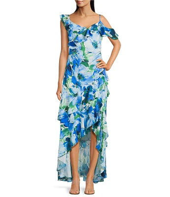 Alex Marie Petite Size Lacey Ruffle Sleeveless V-Neck Floral Asymmetric Hem A-Line Maxi Dress