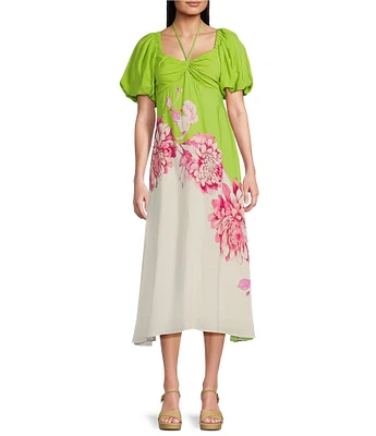 Alex Marie Petite Size Monroe Floral Short Puff Sleeve Sweetheart Halter Tie Neck A-Line Midi Dress