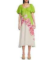 Alex Marie Petite Size Monroe Floral Short Puff Sleeve Sweetheart Halter Tie Neck A-Line Midi Dress