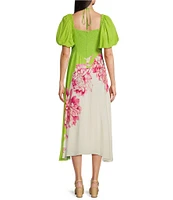Alex Marie Petite Size Monroe Floral Short Puff Sleeve Sweetheart Halter Tie Neck A-Line Midi Dress