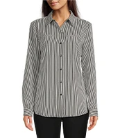 Alex Marie Piper Crepe de Chine Stripe Point Collar Long Sleeve Button Front Blouse