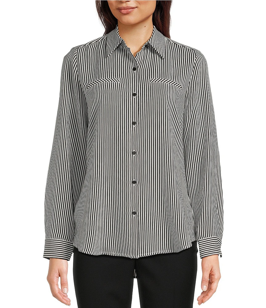 Alex Marie Piper Crepe de Chine Striped Print Point Collar Long Sleeve Button Front Blouse