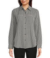 Alex Marie Piper Crepe de Chine Striped Print Point Collar Long Sleeve Button Front Blouse