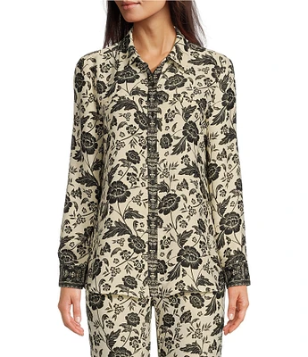 Alex Marie Piper Satin Crepe Floral Print Point Collar Long Sleeve Button Front Coordinating Top