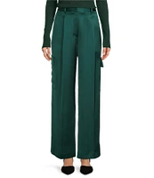 Alex Marie Sandra Stretch Satin High Rise Cargo Pleated Straight Full Length Pant