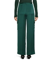 Alex Marie Sandra Stretch Satin High Rise Cargo Pleated Straight Full Length Pant