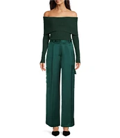 Alex Marie Sandra Stretch Satin High Rise Cargo Pleated Straight Full Length Pant