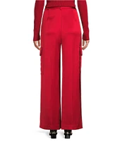 Alex Marie Sandra Stretch Satin High Rise Cargo Pleated Straight Full Length Pant