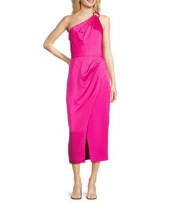 Alex Marie Shirley Satin Asymmetric One Side Sleeveless Sheath Wrap Midi Dress