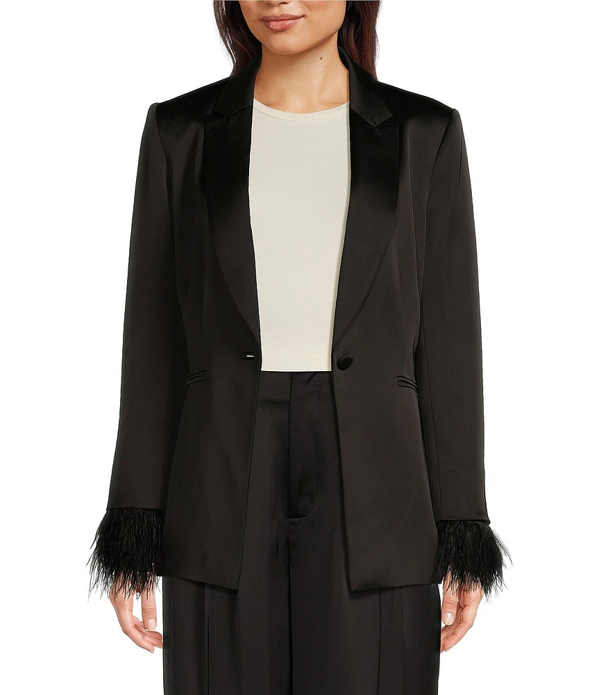 Alex Marie Sierra Stretch Satin Feather Trim Blazer