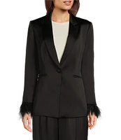 Alex Marie Sierra Stretch Satin Feather Trim Blazer