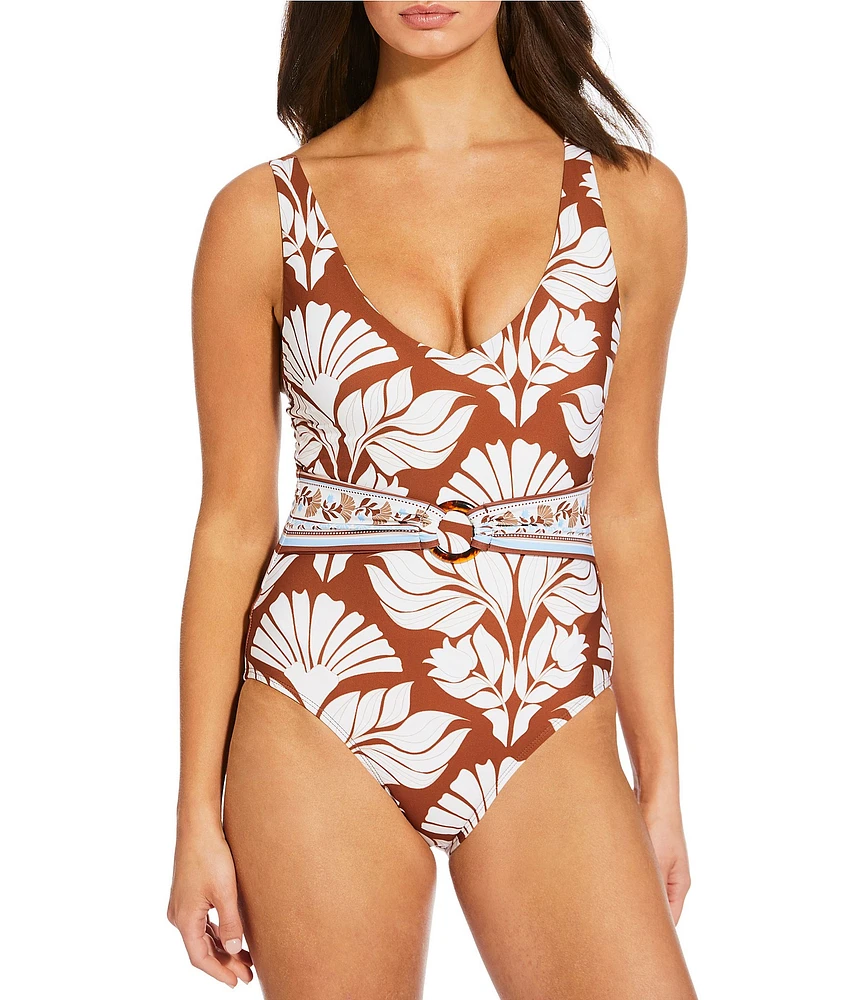 Alex Marie Signature Sculpt Nouveau Tropical V-Neck Belted Tortoise Ring One Piece Swimsuit