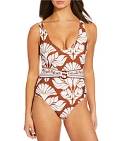 Alex Marie Signature Sculpt Nouveau Tropical V-Neck Belted Tortoise Ring One Piece Swimsuit