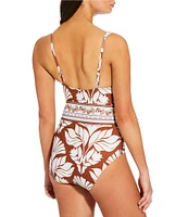 Alex Marie Signature Sculpt Nouveau Tropical V-Neck Belted Tortoise Ring One Piece Swimsuit