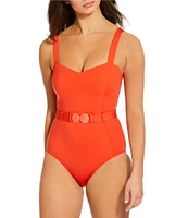 Alex Marie Signature Sculpt Solid Seamed Belted One Piece Swimsuit
