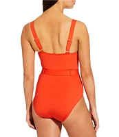 Alex Marie Signature Sculpt Solid Seamed Belted One Piece Swimsuit
