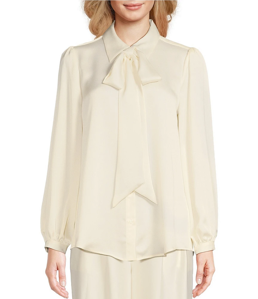 Alex Marie Sylvie Satin Point Collar Self-Tie Bow Detail Long Sleeve Button Front Blouse