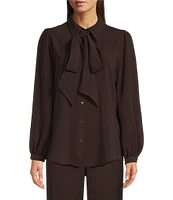 Alex Marie Sylvie Woven Heavy Georgette Bow Tie Point Collar Long Blouson Sleeve Button Front Blouse