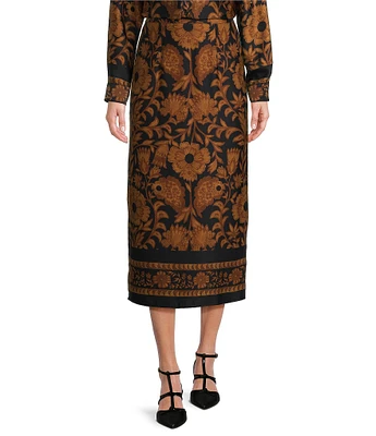 Alex Marie Tallulah Satin Crepe Brown Floral Print High Rise Pencil Midi Coordinating Skirt