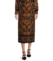 Alex Marie Tallulah Satin Crepe Brown Floral Print High Rise Pencil Midi Coordinating Skirt