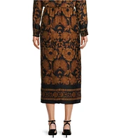 Alex Marie Tallulah Satin Crepe Brown Floral Print High Rise Pencil Midi Coordinating Skirt