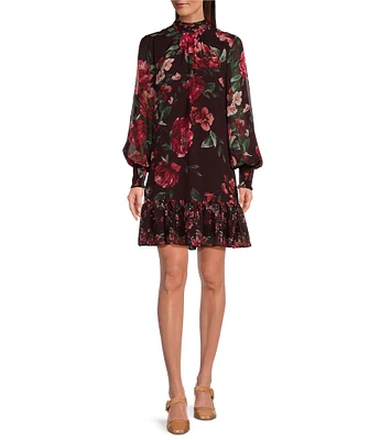 Alex Marie Tinsley Chiffon Floral Print Mock Neck Long Sleeve Ruffled Mini Shift Dress